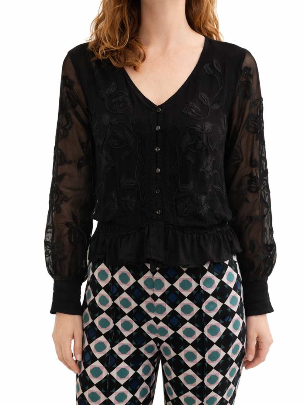 Anthro Black Sheer Embroidered Blouse | Boho Romantic Top XS